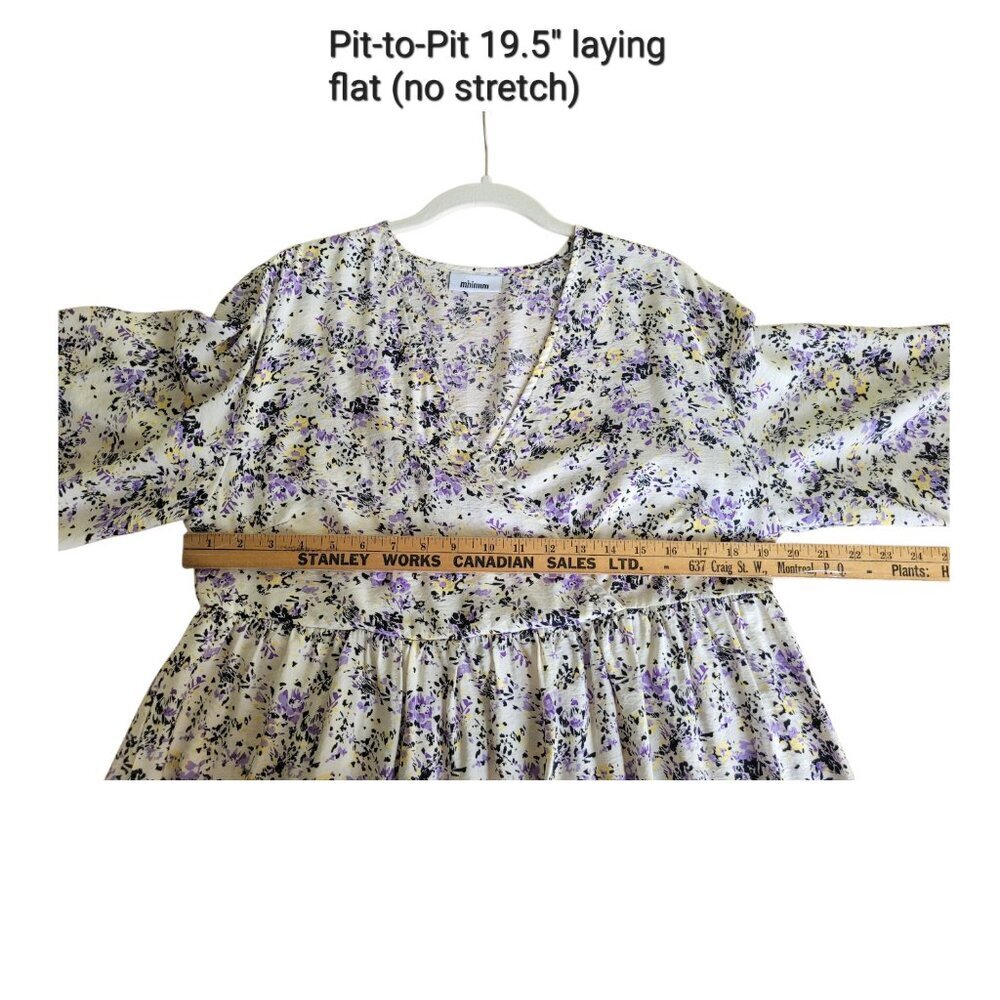 Minimum Floral Long Sleeve Mini Dress Cream Purple V Neck Relaxed Fit Viscose - Picture 10 of 12